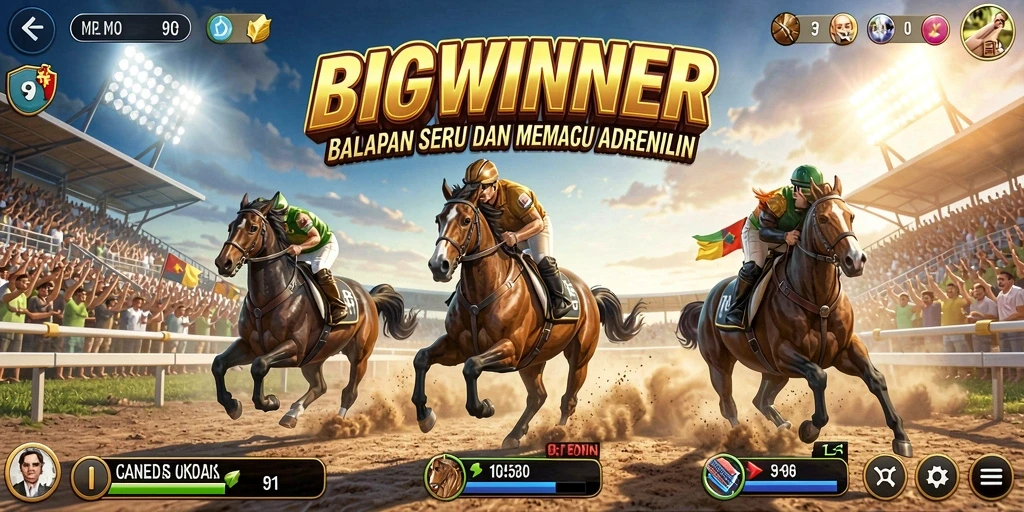 Screenshot gameplay BIGWINNER menampilkan aksi balapan yang mendebarkan.