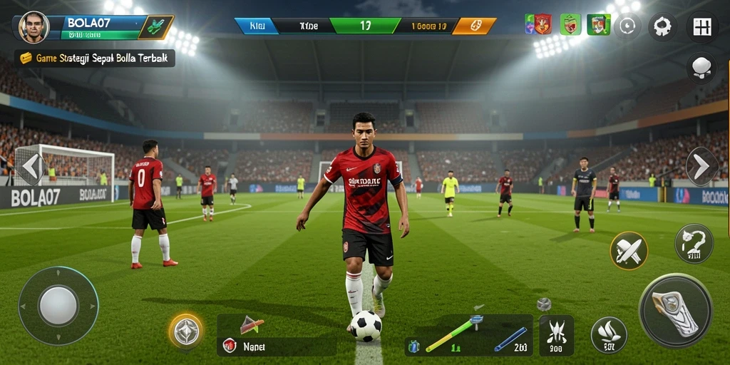 Tampilan gameplay seru dalam BOLA07 yang menunjukkan aksi pertandingan sepak bola.