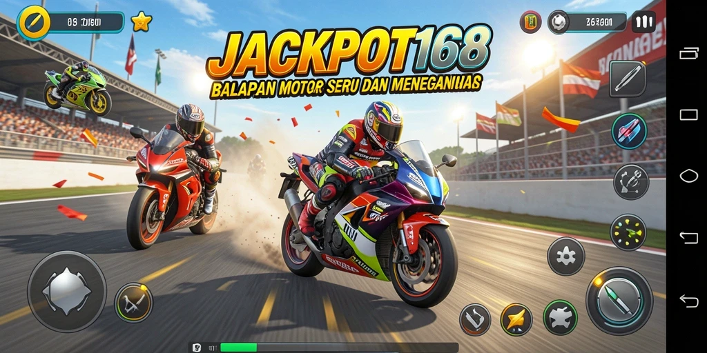 Screenshot utama JACKPOT168 menampilkan aksi seru balapan motor.