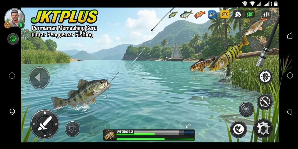 Tampilan gameplay JKTPLUS yang menenangkan saat memancing di danau.
