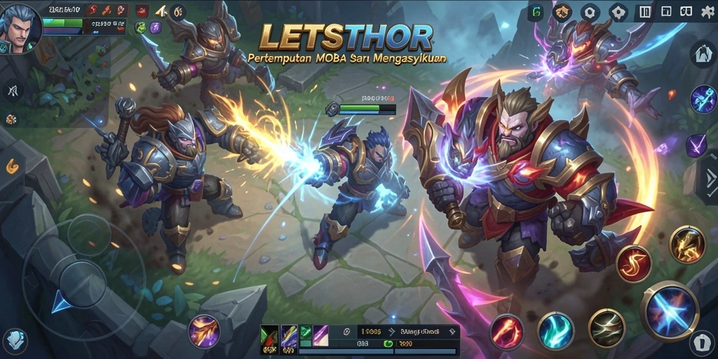Tampilan seru gameplay LETSTHOR dalam arena MOBA.